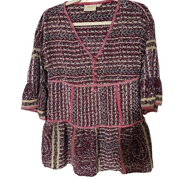 Maeve Anthropologie Women’s Size SP Lilyana Tiered Boho Tunic Blouse Top Silk - Picture 8 of 13